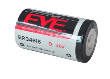 EVE ER34615            Batería, 3.6 V, D, Litio Cloruro de Tionilo, 19 Ah, Positivo Elevado y Negativo Plano, 33.1 mm